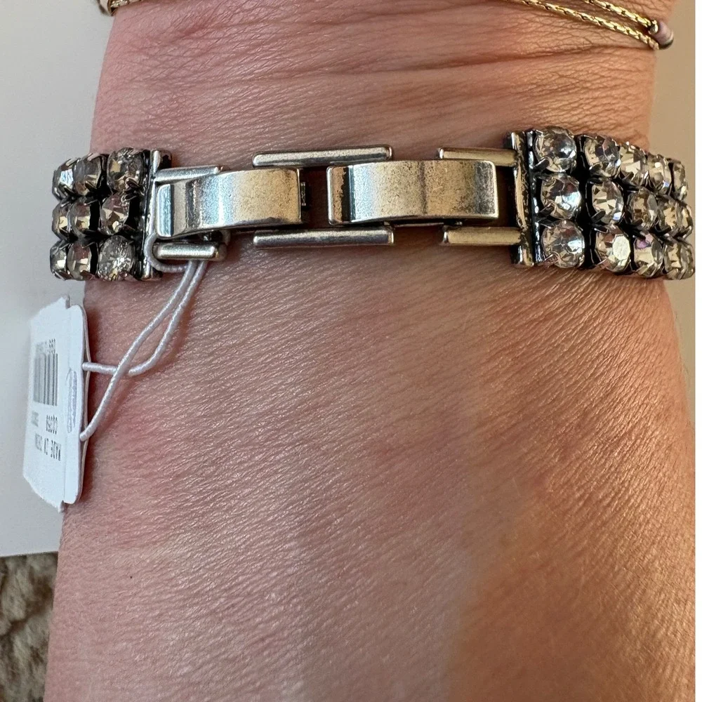 J.Crew Cupchain Three Row Crystal Tennis Bracelet Silver Tone CQ359 NWT